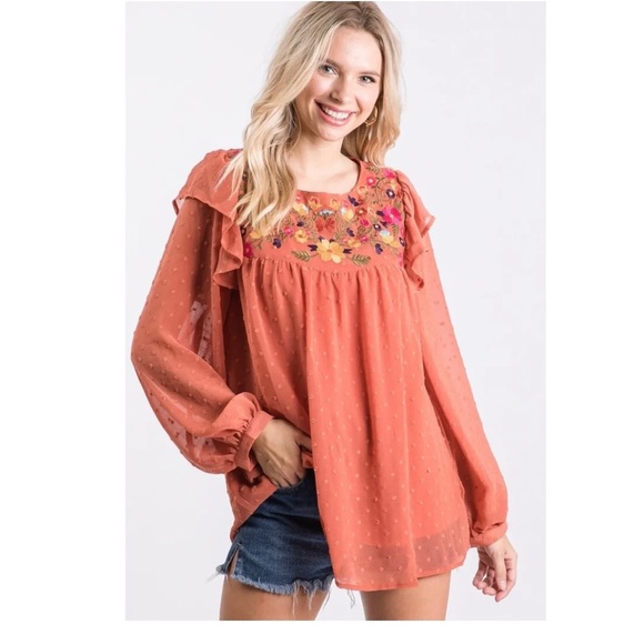 JODIFL Tops - Jodifl Swiss Dot Rust Floral Embroidery Top